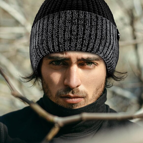 ✨ Women Black Reflective Beanie Hat Warm Cuffed Winter Knit Hat Sports High Cap main image 8